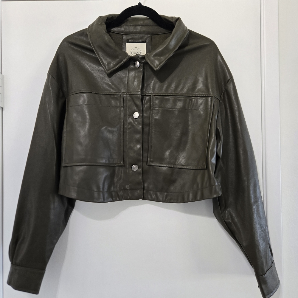 STOOSH Cropped Faux Leather Jacket Size L Olive Green Women's Y2K